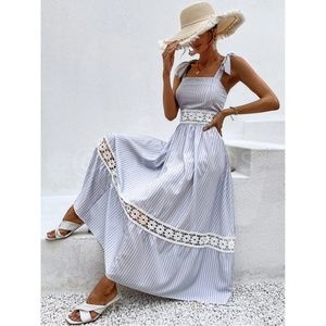 White Crochet Trim Striped Blue Maxi Dress Tie Straps Square Neck Flowy Flared